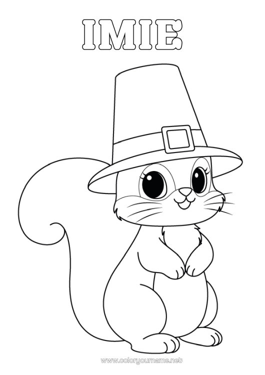 Kolorowanka do wydruku Święto Dziękczynienia Wiewiórka Kapelusz Zwierzęta leśne