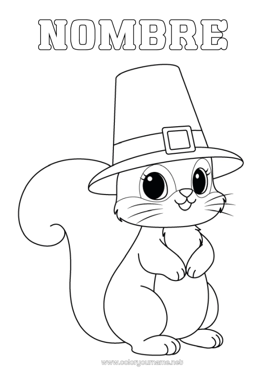 Dibujo para colorear para imprimir Thanksgiving Ardilla Sombrero Animales del bosque