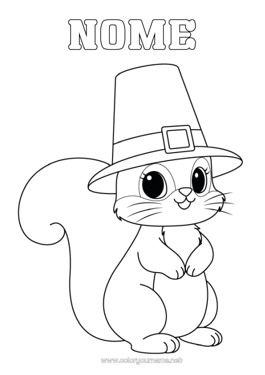 Pagina da colorare da stampare Thanksgiving Scoiattolo Cappello Animali della foresta