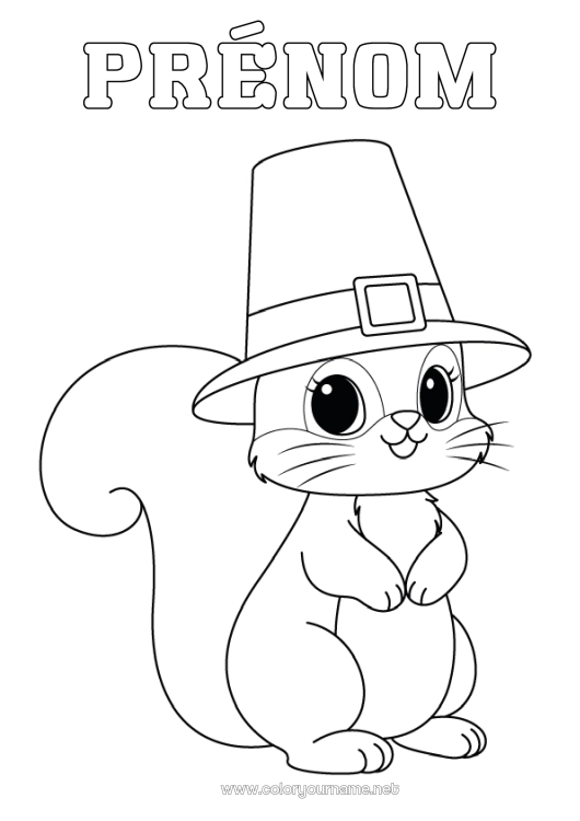 Coloriage à imprimer Thanksgiving écureuil Chapeau Animaux de la forêt