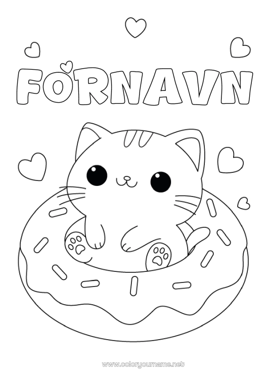 Farvelægningssiden til udskrivning Kat Kawaii Donuts Hunde og katte