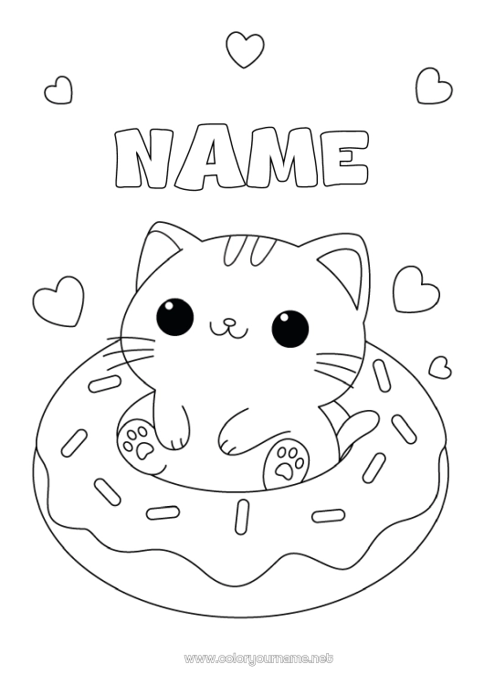 Coloring page to print Cat Kawaii Donuts Dog and cat