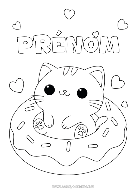 Coloriage à imprimer Chat Kawaii Donuts Chiens et chats