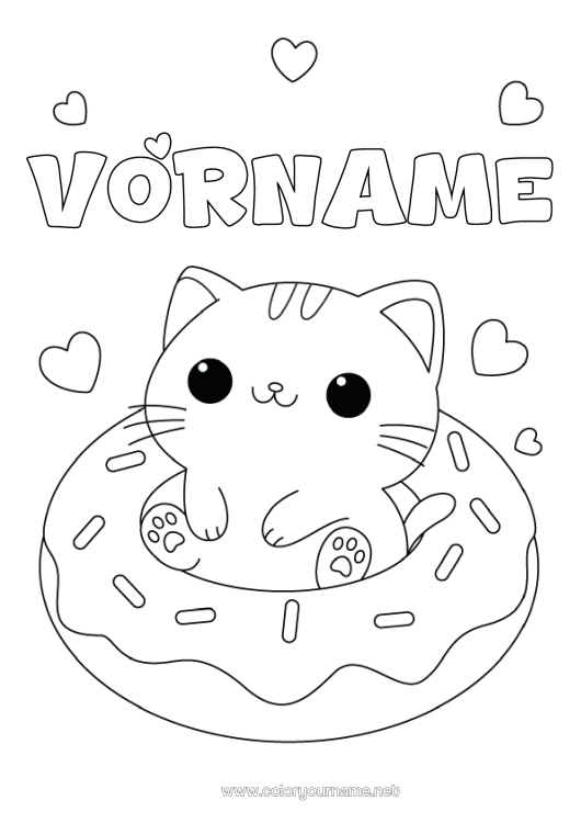 Malvorlage zum Ausdrucken Katze Kawaii Donuts Hunde und Katzen