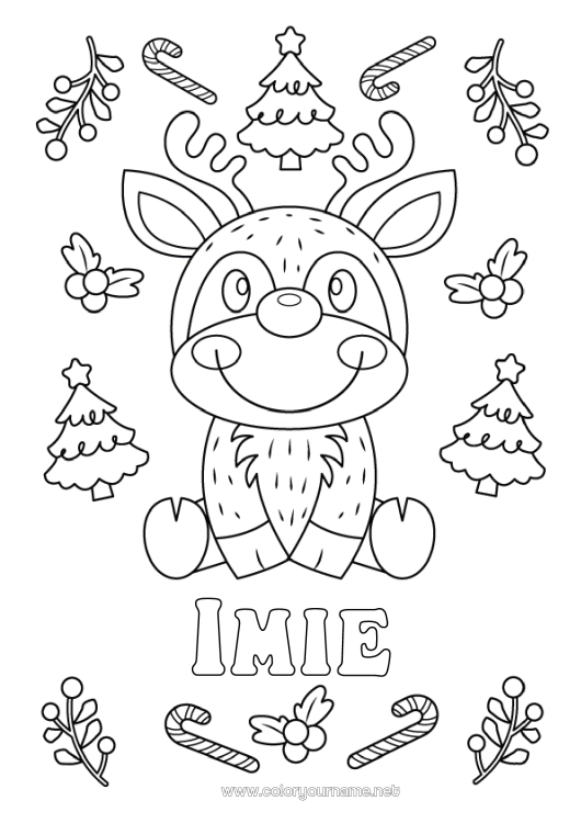 Kolorowanka do wydruku Choinka bożonarodzeniowa Renifer Boże Narodzenie Cukierki z jęczmienia Zwierzęta leśne Jeleń