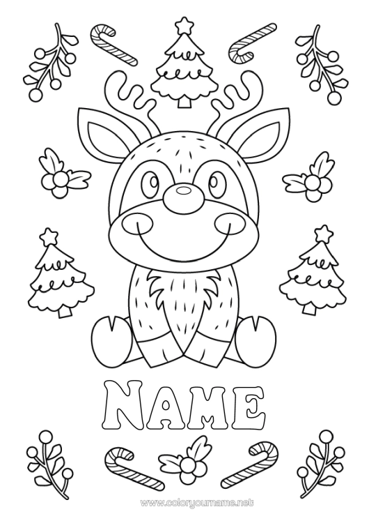 Colouring page to print Christmas Tree Reindeer Christmas Candy Cane Animal Forest Animals Deer
