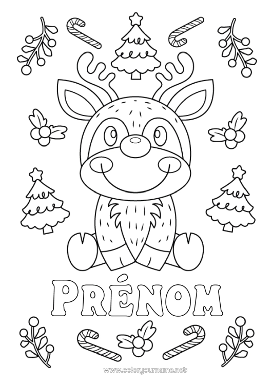 Coloriage à imprimer Sapin de Noël Renne Noël Sucre d'orge Animaux de la forêt Cerf