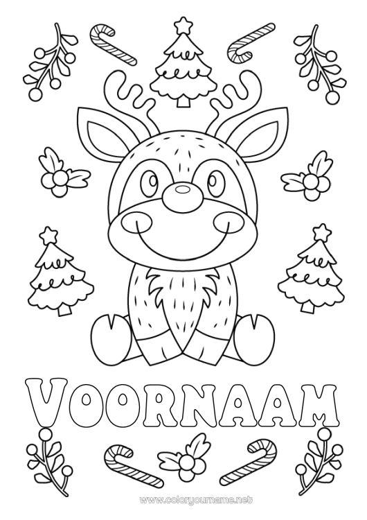 Kleurplaat om af te drukken Kerstboom Rendier Kerstmis Gerstesuiker Bosdieren Hert
