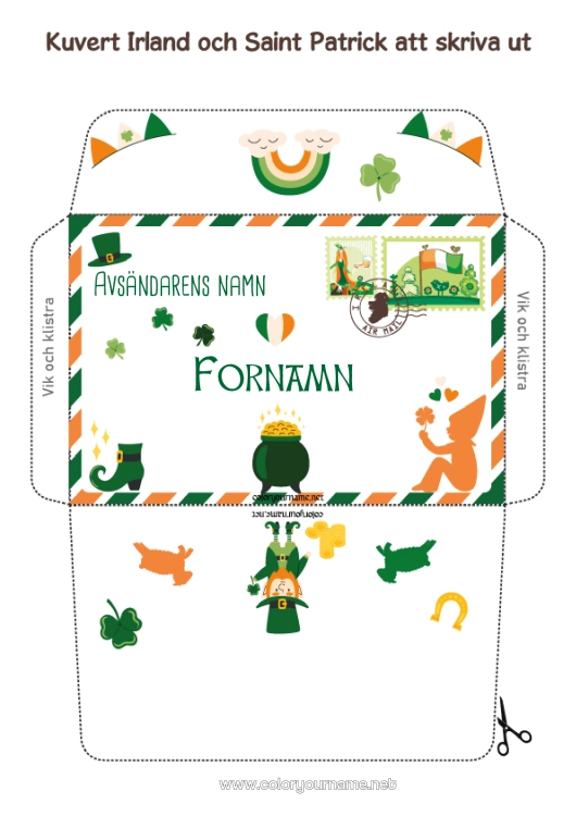 Färgläggningssida att skriva ut Magisk kittel Vår Tur Irland Sankt Patriks fest Kuvert Land Utskriftskuvert Julälvens resa Kuvert för tomtens post