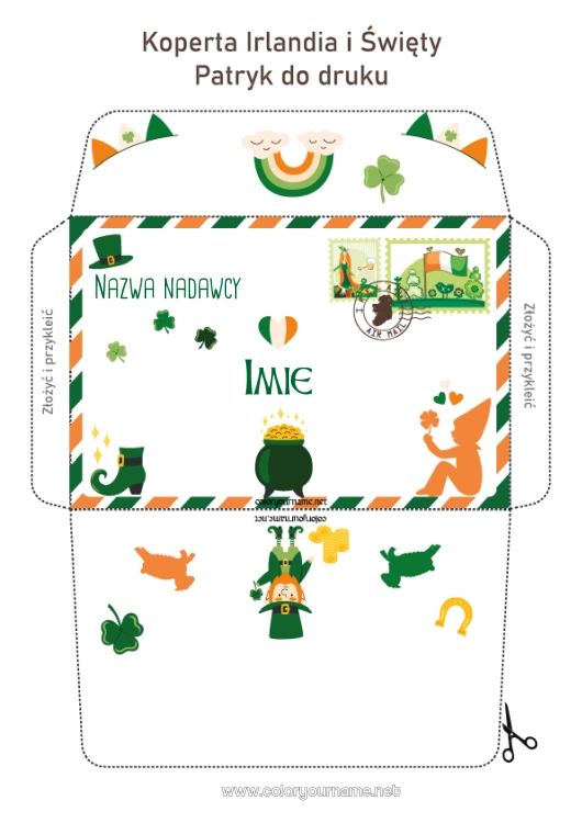 Kolorowanka do wydruku Czarodziejski kocioł Wiosna Szansa Irlandia Święto Świętego Patryka Koperta Kraj Koperta do druku Podróż Świątecznego Elfa Koperta na list od Świętego Mikołaja