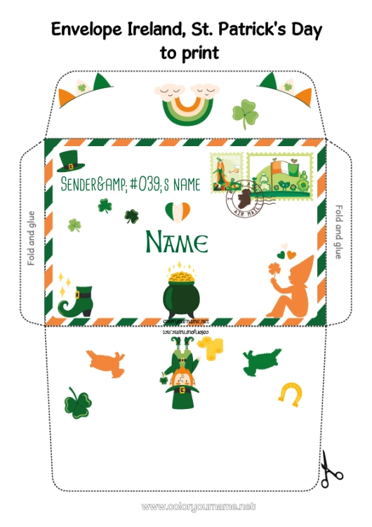 Colouring page to print Magic Cauldron Spring Fortune Ireland St Patrick's Day Envelope Country Print Envelope Mischievous Elf's Journey Envelope For The Christmas Trickster Elf's Mail