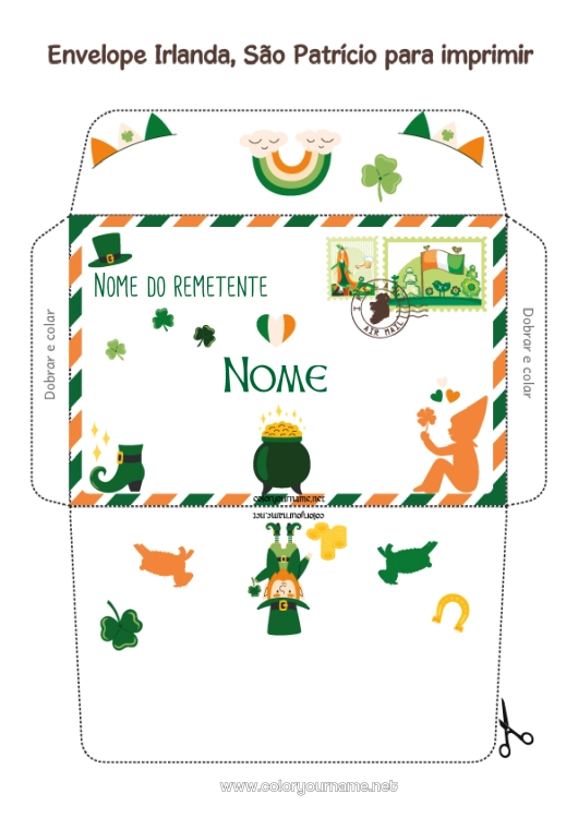 Página de desenho para imprimir Caldeirão mágico Primavera Sorte Irlanda Dia de São Patrício Envelope País Envelope para imprimir Viagem do Elfo de Natal Envelope para correspondência do duende de Natal