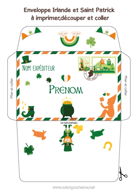 Coloriage à imprimer Chaudron magique Printemps Chance Irlande Fête de la Saint Patrick Enveloppe Pays Enveloppe à imprimer Voyage de lutin farceur Enveloppe pour courrier du lutin farceur de Noël