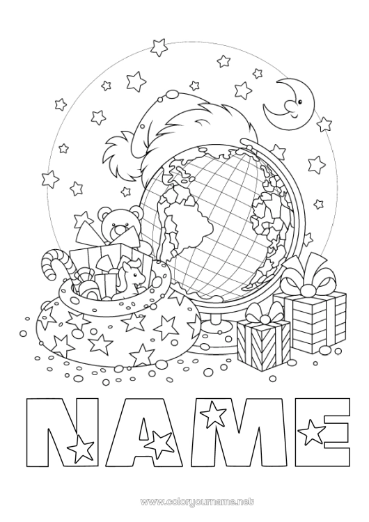 Coloring page to print Gifts Hood Toys Elves coloring pages Games and toys World globe Christmas hat Traveling Christmas Elves