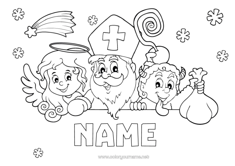Colouring page to print Angel Krampus Saint Nicholas
