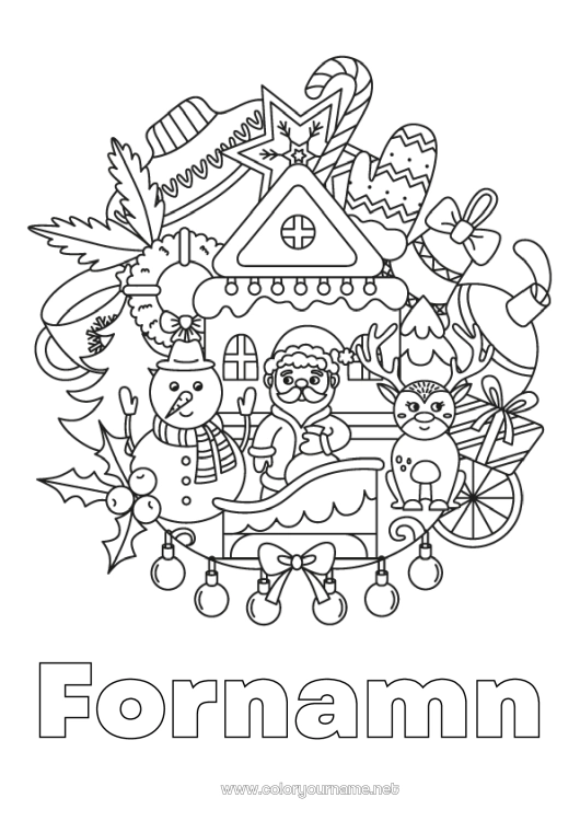 Färgläggningssida att skriva ut Vinter Jultomten Snögubbe Mandala Jul Julgirland Mistel Snöflingor Vante Symboler Skogens djur Hjort Tröja