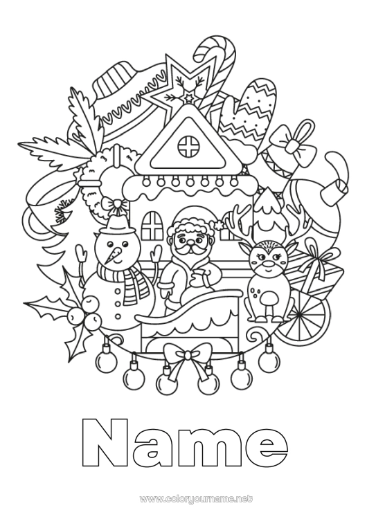 Coloring page to print Winter Santa Claus Snowman Mandala Christmas Christmas tinsel Holly Snowflakes Mitten Symbols Forest animals Deer Sweater
