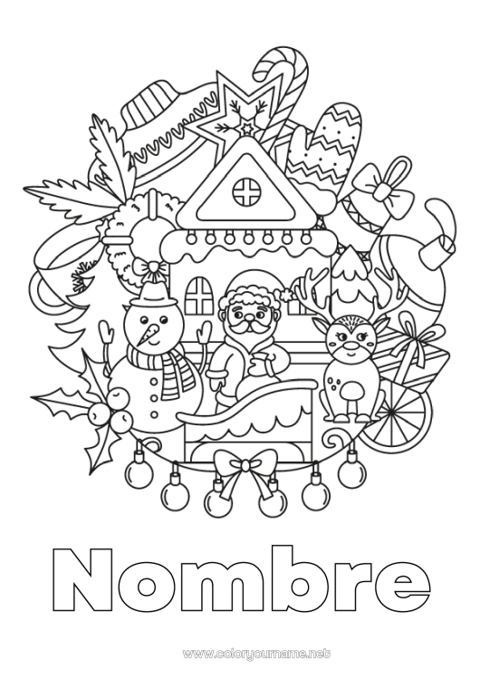 Dibujo para colorear para imprimir Invierno Papá Noel Muñeco de nieve Mandala Navidad Guirnalda de Navidad Acebo Copos de nieve Mitone Simbolos Animales del bosque Ciervo Suéter
