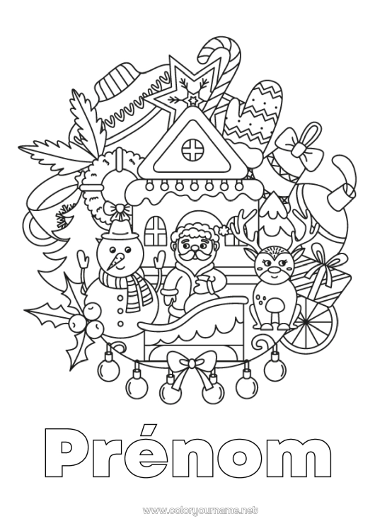 Coloriage à imprimer Hiver Père Noël Bonhomme de neige Mandala Noël Guirlande de Noël Houx Flocons de neige Moufle Symboles Animaux de la forêt Cerf Pull over