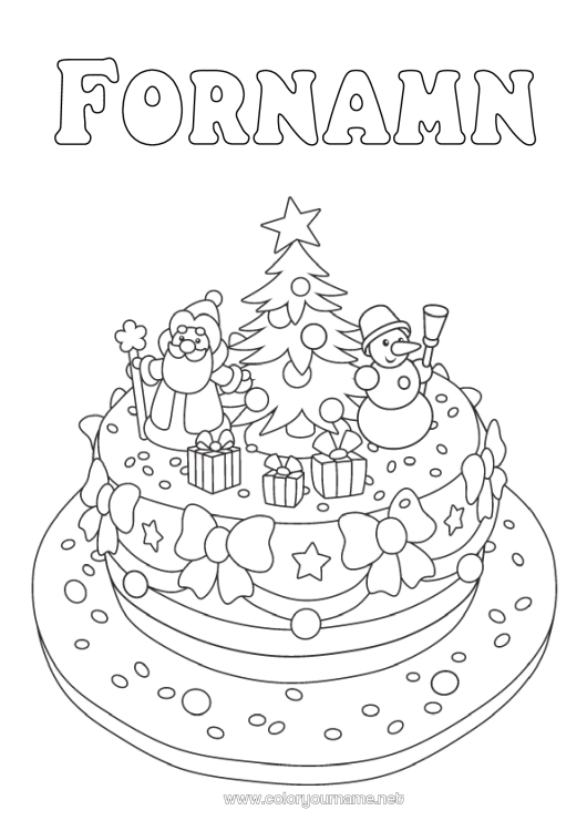 Färgläggningssida att skriva ut Kaka Vinter Julgran Jultomten Snögubbe Jul Födelsedagstårta