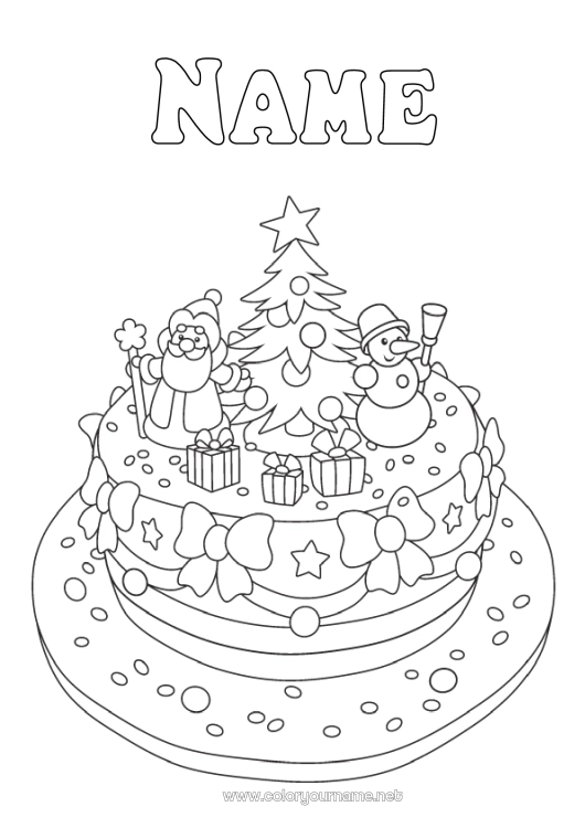 Coloring page to print Cake Winter Christmas tree Santa Claus Snowman Christmas Birthday cake
