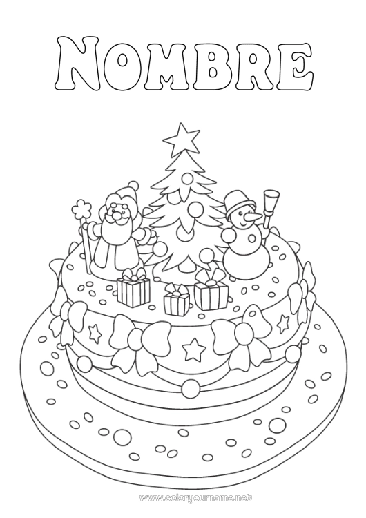 Dibujo para colorear para imprimir Tarta Invierno Árbol De Navidad Papá Noel Muñeco De Nieve Navidad Pastel De Cumpleaños