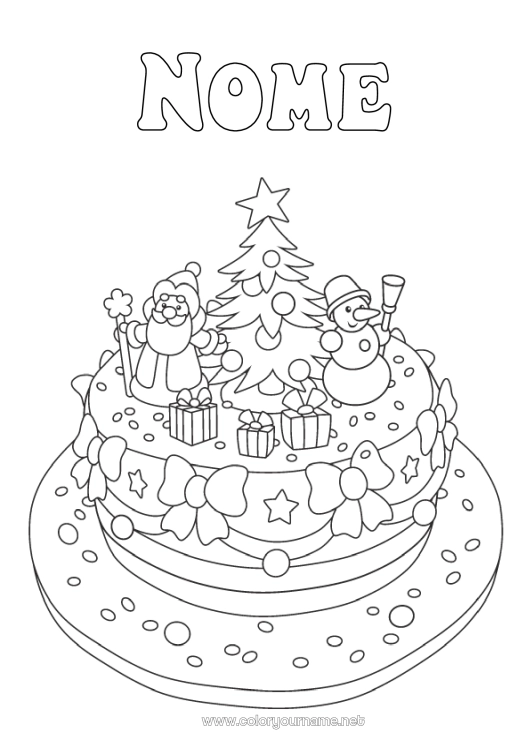 Página de desenho para imprimir Bolo Inverno Árvore de Natal Pai Natal Boneco de neve Natal Bolo de aniversário