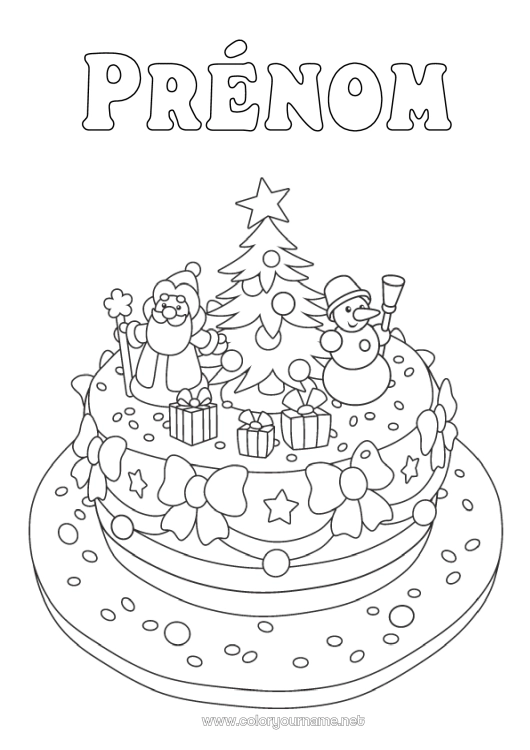 Coloriage à imprimer Gâteau Hiver Sapin De Noël Père Noël Bonhomme De Neige Noël Gâteau D’anniversaire