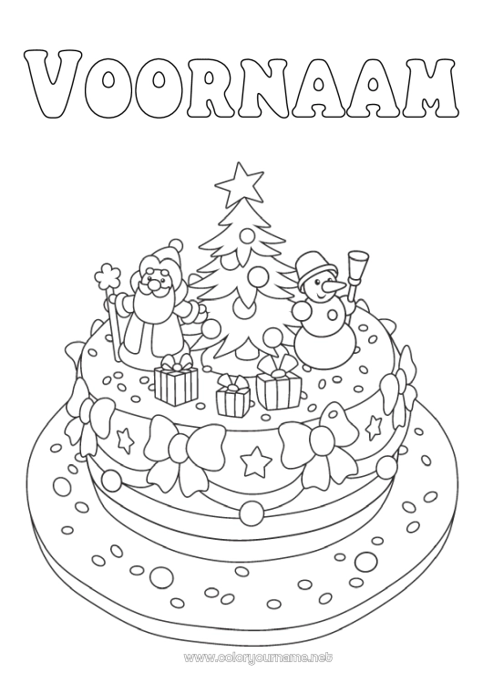 Kleurplaat om af te drukken Taart Winter Kerstboom Kerstman Sneeuwpop Kerstmis Verjaardagstaart