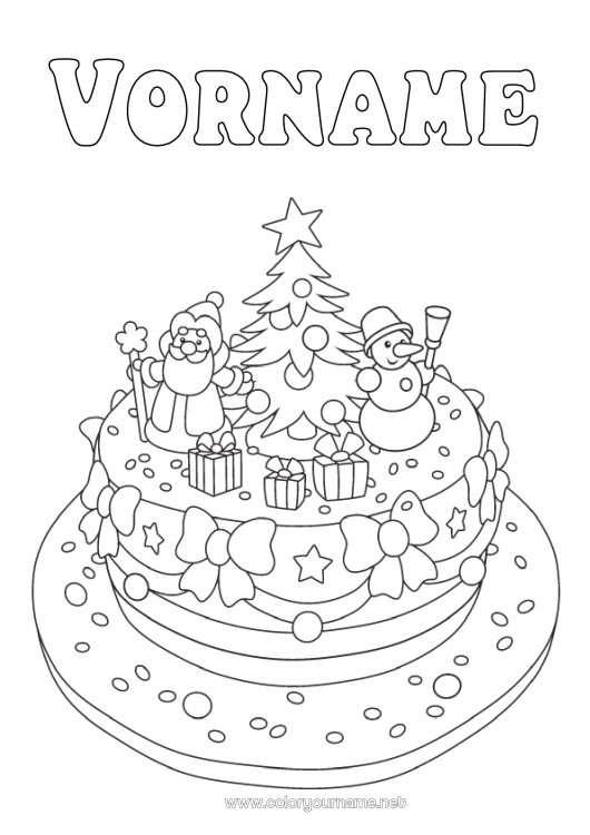 Malvorlage zum Ausdrucken Kuchen Winter Weihnachtsbaum Weihnachtsmann Schneemann Weihnachten Geburtstagskuchen