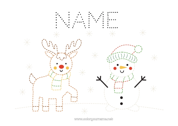 Coloring page to print Reindeer Snowman Children's activities Animal Easy coloring pages Trace and color Forest animals Deer Scarf