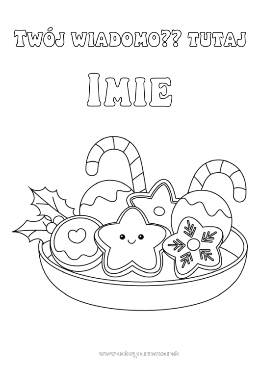 Kolorowanka do wydruku Boże Narodzenie Uroczy Piernik Cukierki z jęczmienia Holly Gwiazdy Słodkości, łakocie Ciastka