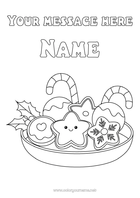 Coloring page to print Christmas Kawaii Gingerbread Candy cane Holly Stars Treats Biscuits