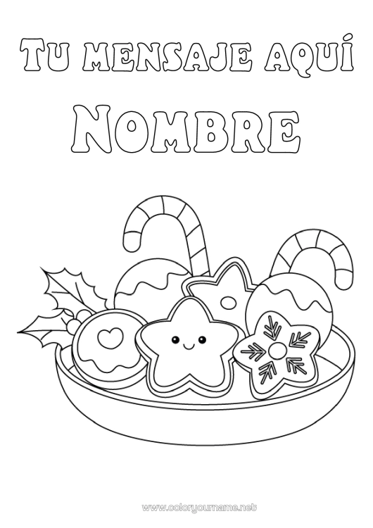 Dibujo para colorear para imprimir Navidad Kawaii Pan de jengibre Bastón de caramelo Acebo Estrellas Golosinas Galletas