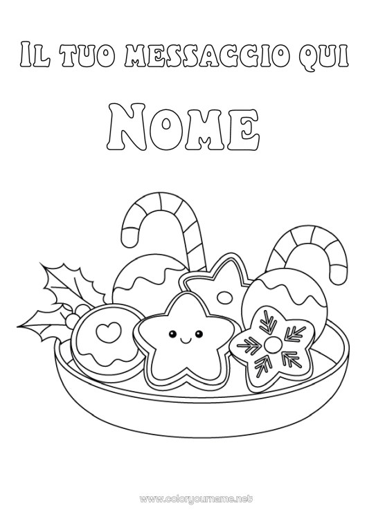 Pagina da colorare da stampare Natale Kawaii Pan di Zenzero Bastone di zucchero Agrifoglio Stelle Dolci, zuccherini Biscotti