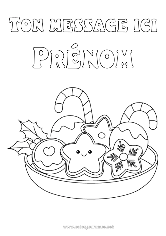 Coloriage à imprimer Noël Kawaii Pain d'épices Sucre d'orge Houx Étoiles Gourmandises, sucreries Biscuits