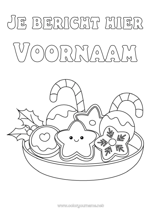 Kleurplaat om af te drukken Kerstmis Kawaii Peperkoek Gerstesuiker Hulst Sterren Lekkernijen, zoetigheden Koekjes