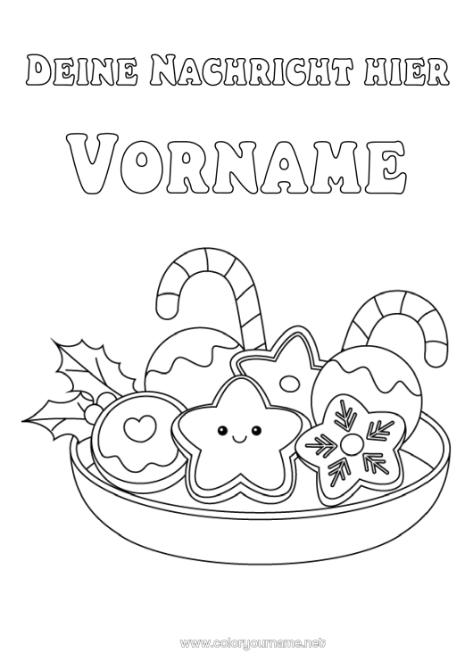 Malvorlage zum Ausdrucken Weihnachten Kawaii Lebkuchen Pfefferminz Stechpalme Sterne Leckereien, Süßigkeiten Kekse