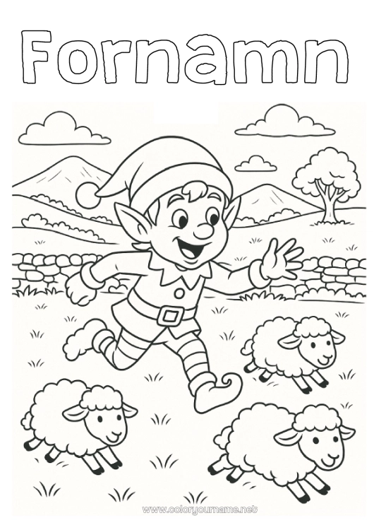 Färgläggningssida att skriva ut Får Julnissar Tomtefärgläggningar Irland Gårdsdjur Julälvens resa Färgläggning av busiga resande tomtar