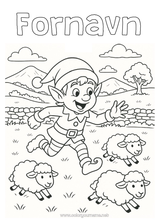 Farvelægningssiden til udskrivning Får Jule-nisser Farvelægningsnisser Irland Gårdsdyr Julefejls rejse Farvelægningsbog for rejsende drille-nisser