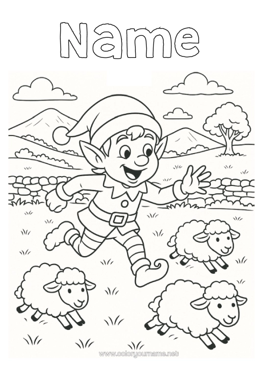 Colouring page to print Sheep Christmas Elves Elf Colouring Pages Ireland Farm Animals Mischievous Elf's Journey Colouring Mischievous Travelling Goblins
