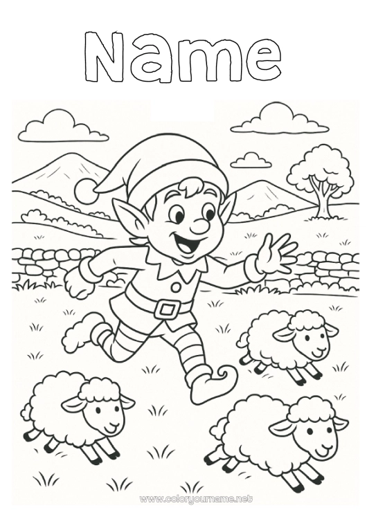 Coloring page to print Sheep Christmas elves Elves coloring pages Ireland Farm animals Christmas Elf Trip Traveling Christmas Elves