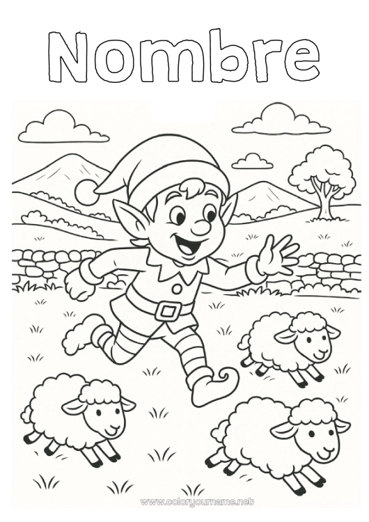 Dibujo para colorear para imprimir Ovejas Elfos de navidad Dibujos de Elfos para colorear Irlanda Animales de granja Viaje del duende navideño 🇪🇸 Duendes de Navidad Viajeros