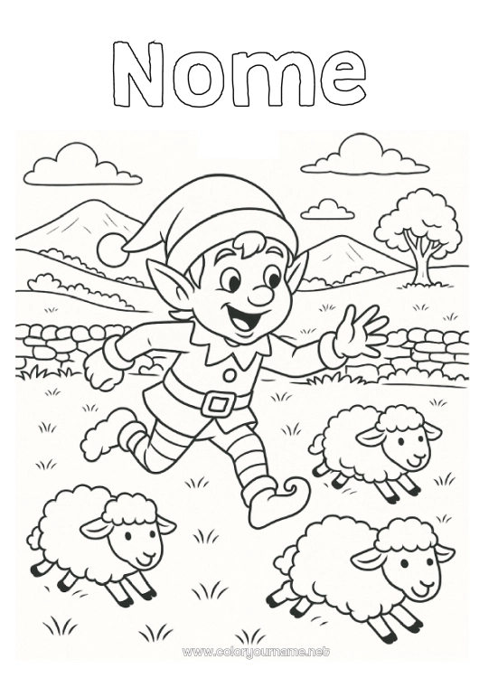 Página de desenho para imprimir Ovelha Elfo de Natal Páginas para colorir de elfos Irlanda Animais de fazenda Viagem do Elfo de Natal Duendes de Natal Viajantes