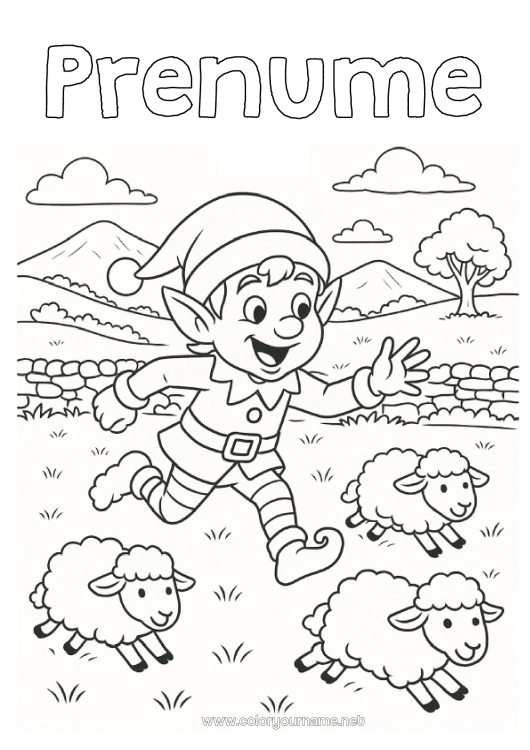 Pagină de colorat de imprimat Oaie Moșneguții de Crăciun Desene de colorat cu spiriduși Irlanda Animale de fermă Călătoria elfului de Crăciun Desen de colorat pentru Păcălici Călători