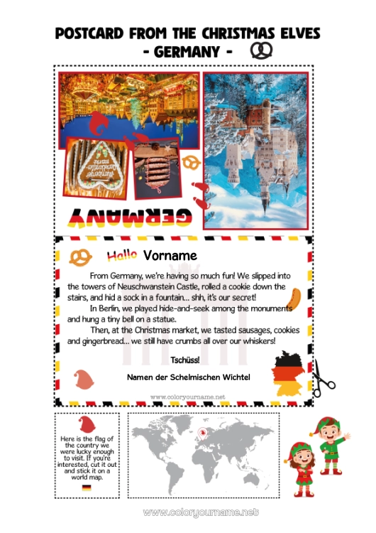 Malvorlage zum Ausdrucken Weihnachtself Elfen Ausmalbilder Reise des Weihnachtselfen Postkarte Postkarte von mehreren Elfen Deutschland Mehrere Wichtel Reisende Weihnachtswichtel