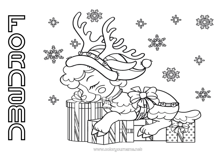 Färgläggningssida att skriva ut Vinter Gåvor Ren Jul Snöflingor Djur Skogens djur