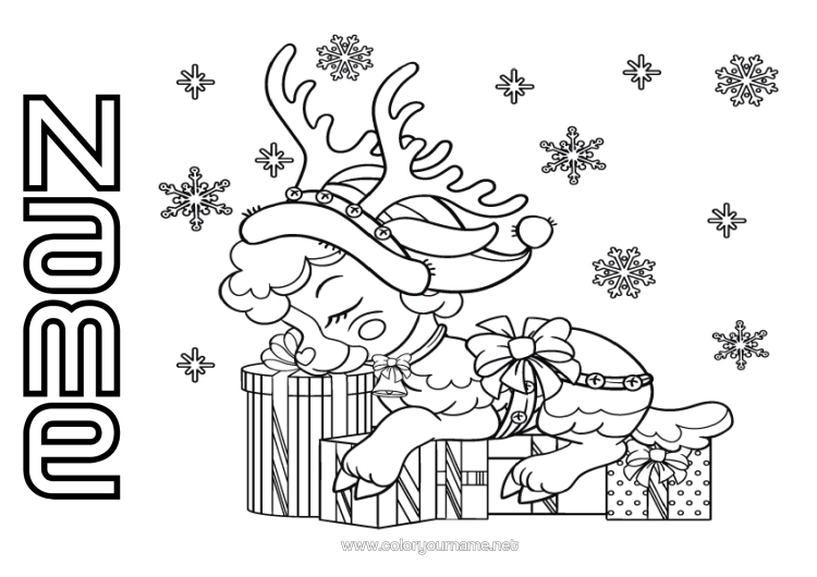 Colouring page to print Winter Gifts Reindeer Christmas Snowflakes Animal Forest Animals
