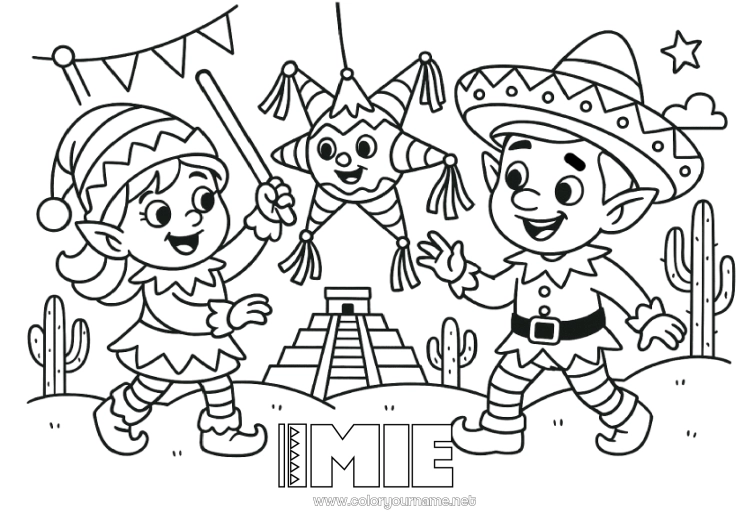 Kolorowanka do wydruku Kolorowanki dla skrzatów Meksyk Podróż Świątecznego Elfa Kilku psotnych elfów