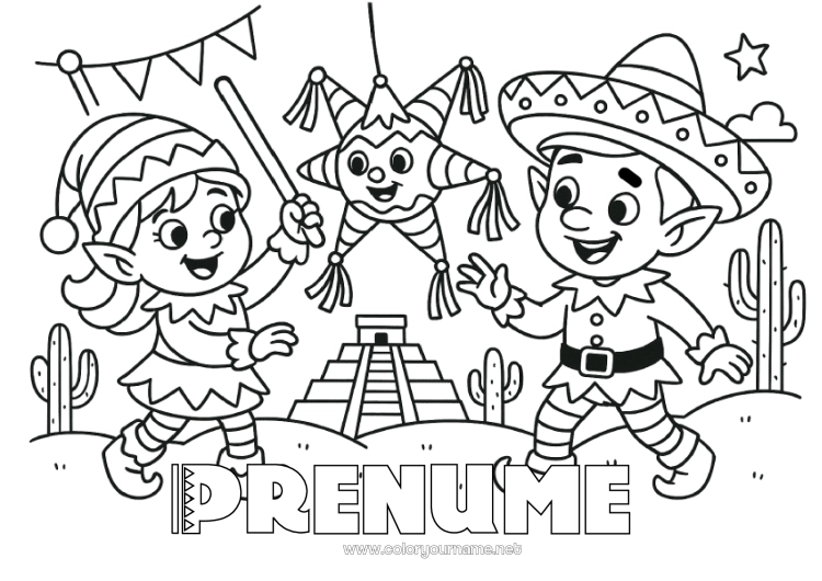 Pagină de colorat de imprimat Desene de colorat cu spiriduși Mexic Călătoria elfului de Crăciun Mai mulți spiriduși poznași